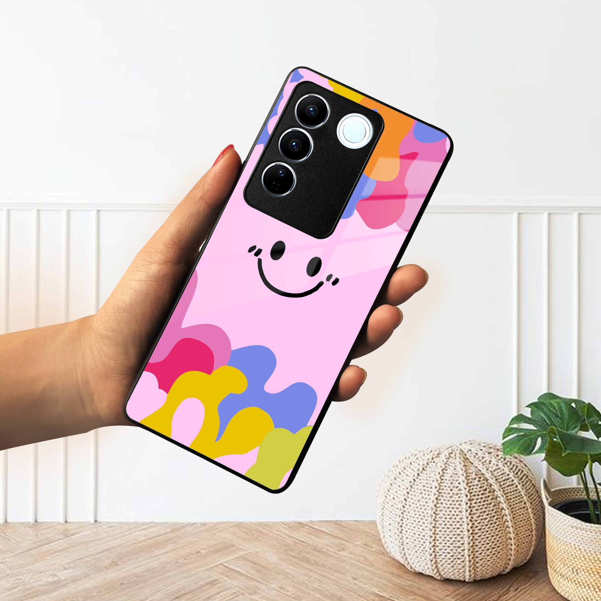 Cute Pink Smiley Multicolor Glass Case For Vivo ShopOnCliQ