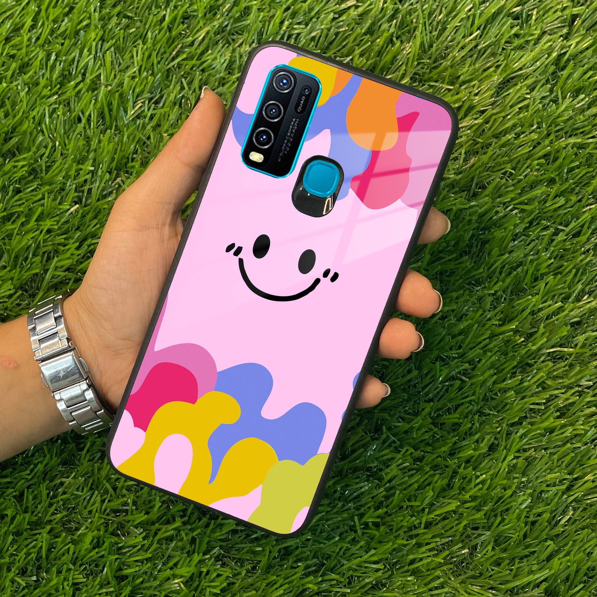 Cute Pink Smiley Multicolor Glass Case For Vivo ShopOnCliQ