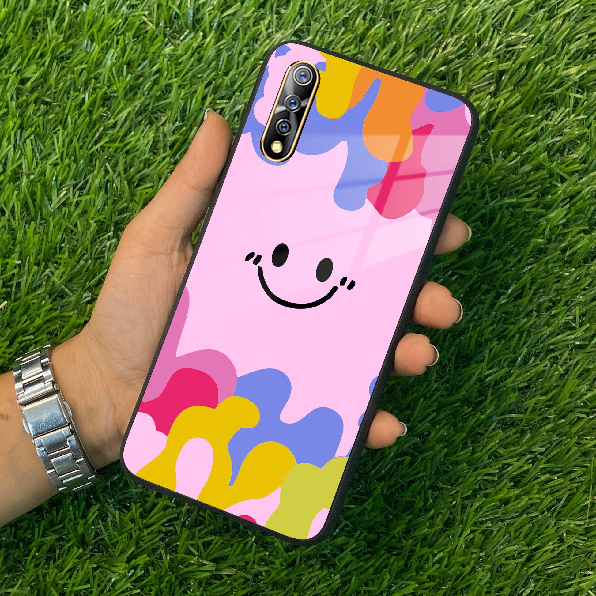 Cute Pink Smiley Multicolor Glass Case For Vivo ShopOnCliQ