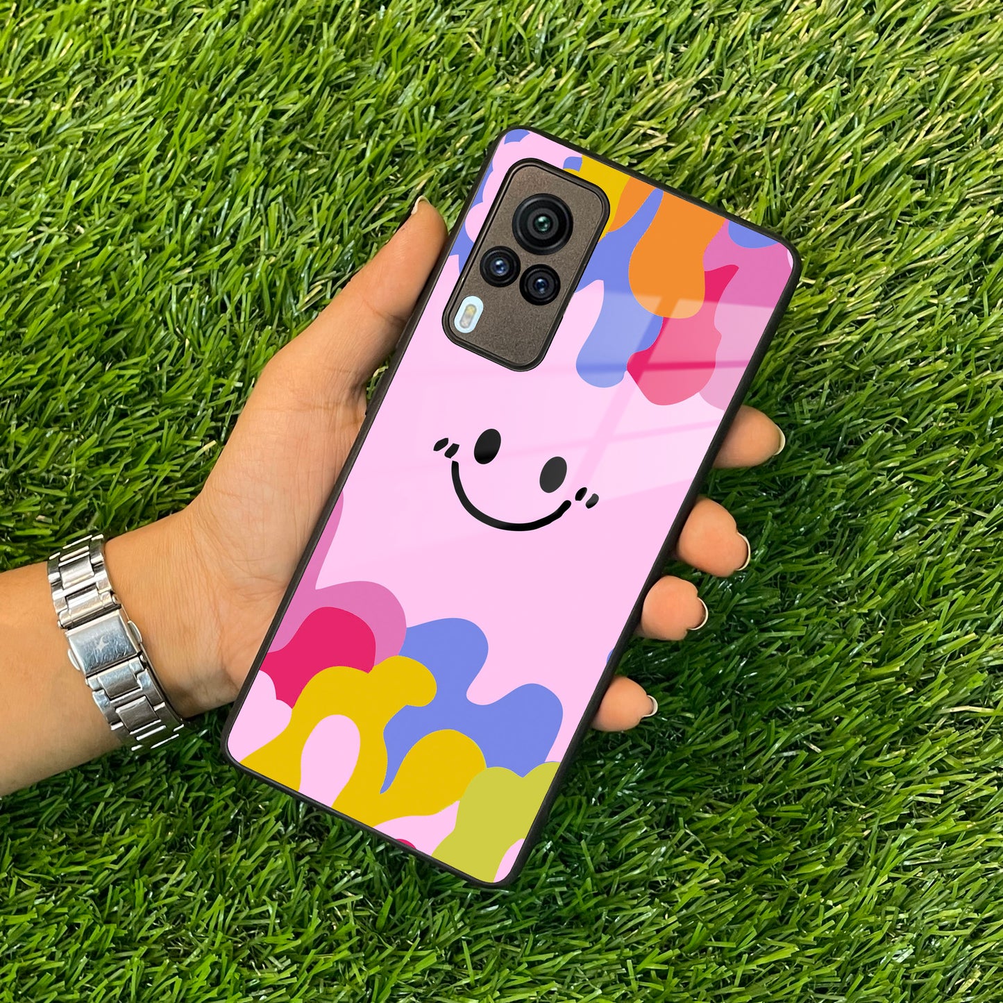 Cute Pink Smiley Multicolor Glass Case For Vivo ShopOnCliQ