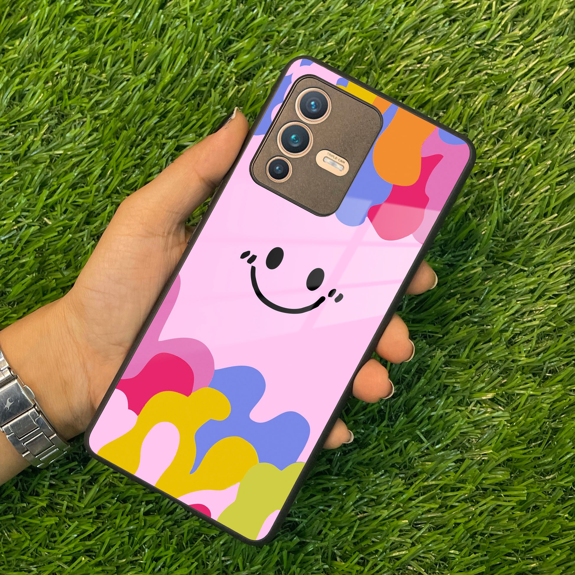 Cute Pink Smiley Multicolor Glass Case For Vivo ShopOnCliQ