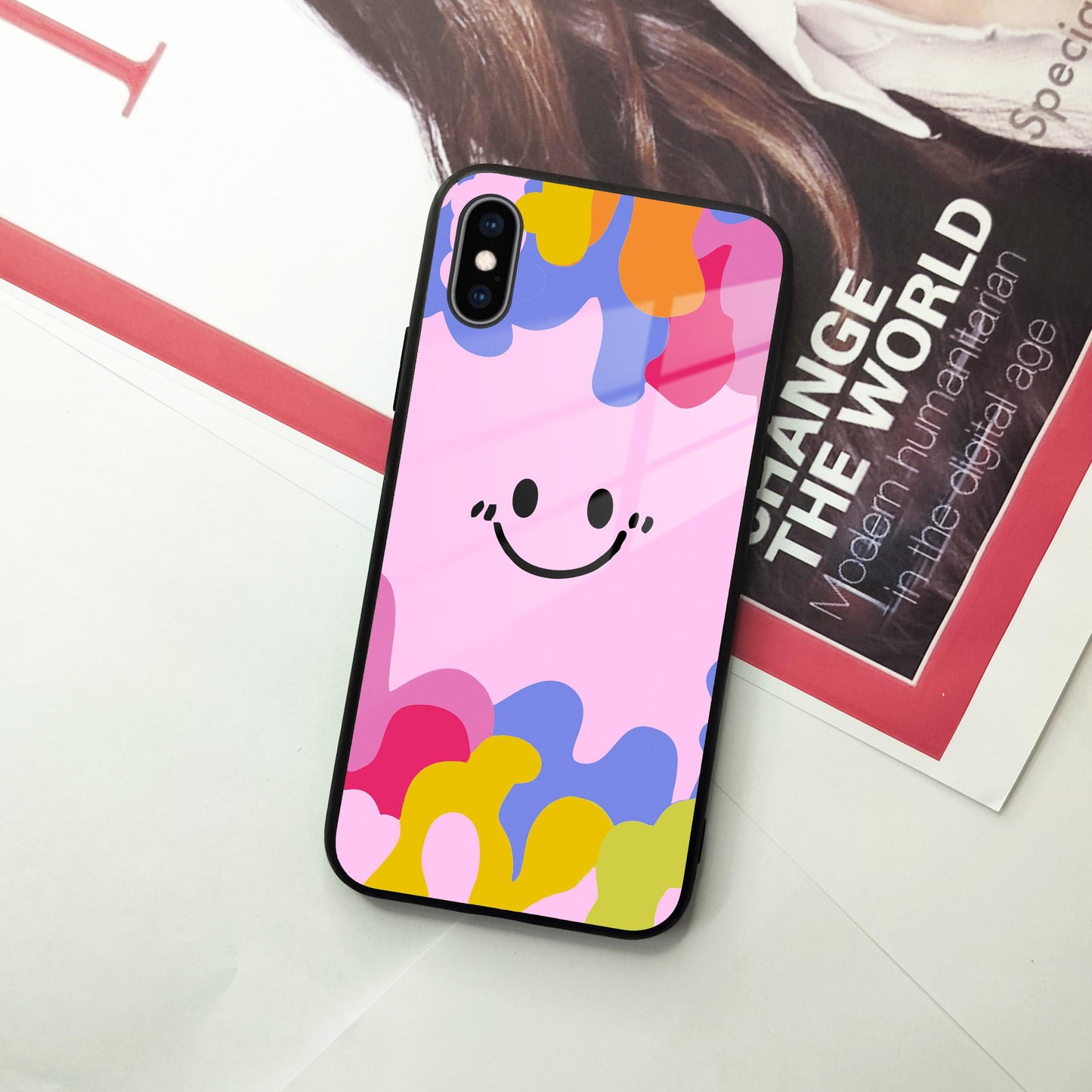 Cute Pink Smiley Multicolor Glass Case For iPhone