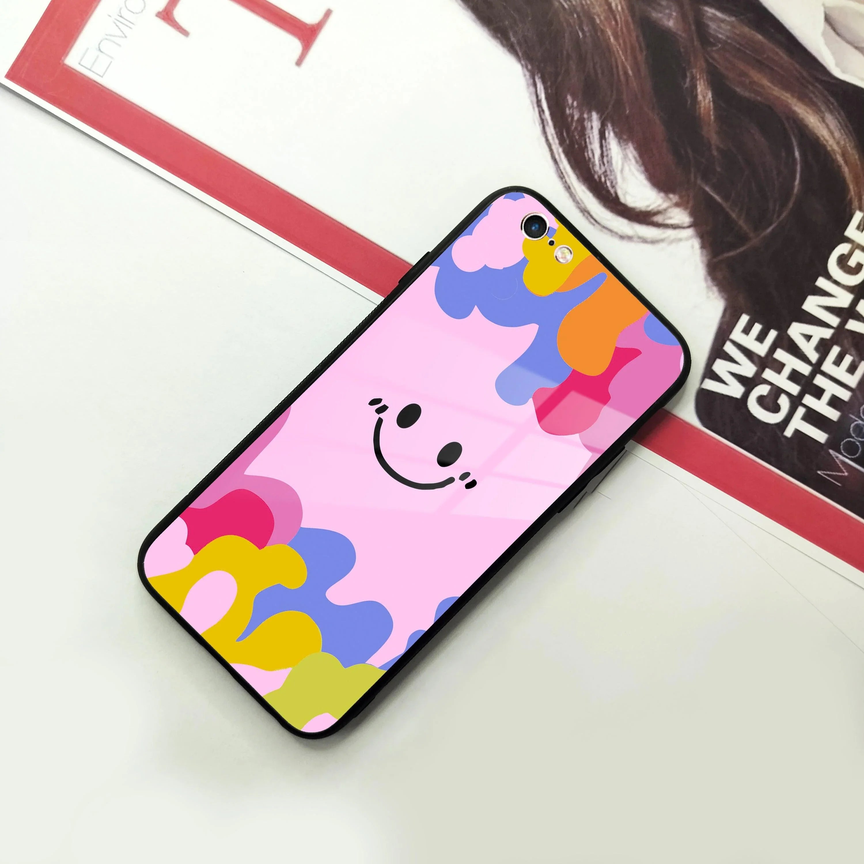 Cute Pink Smiley Multicolor Glass Case For iPhone - ShopOnCliQ