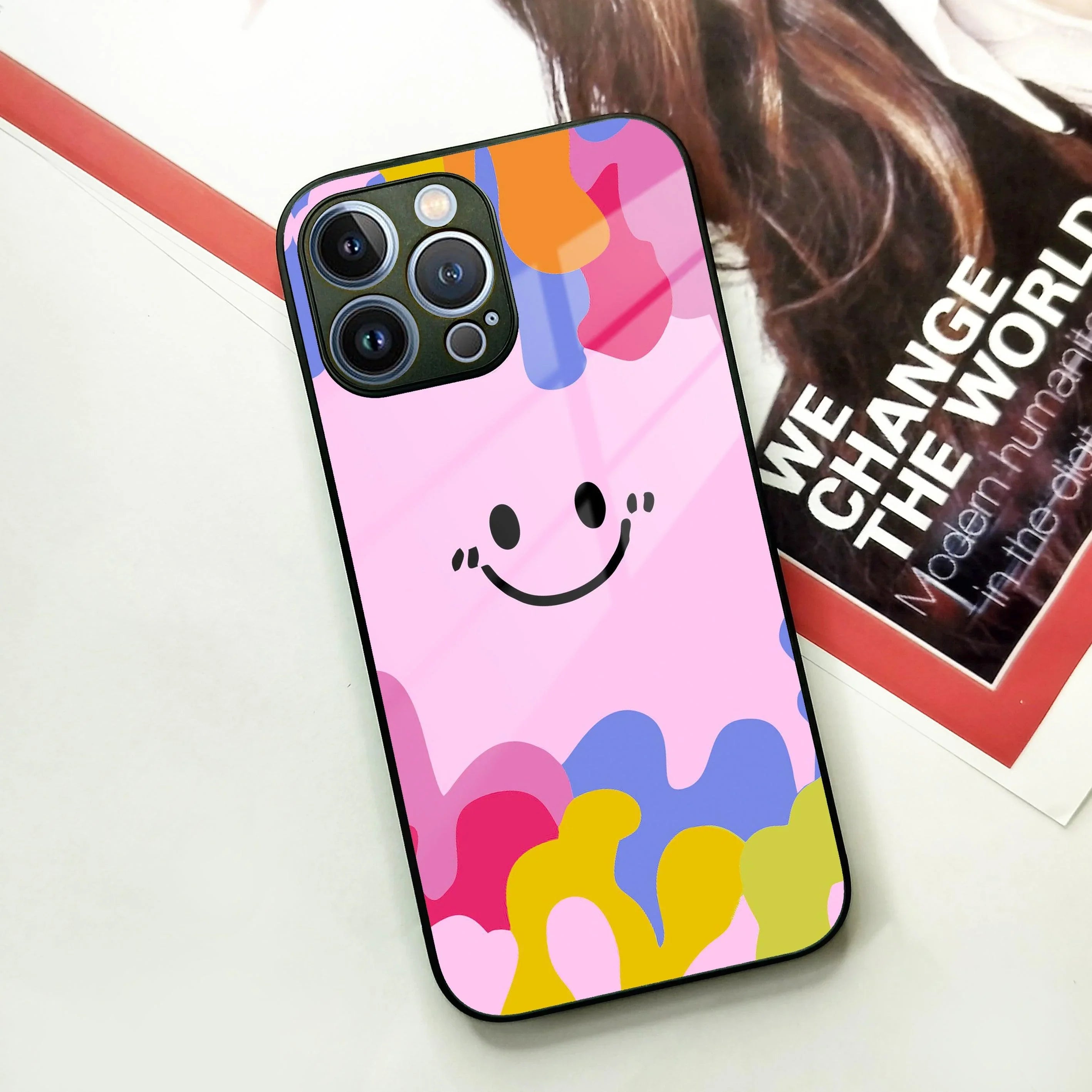 Cute Pink Smiley Multicolor Glass Case For iPhone - ShopOnCliQ