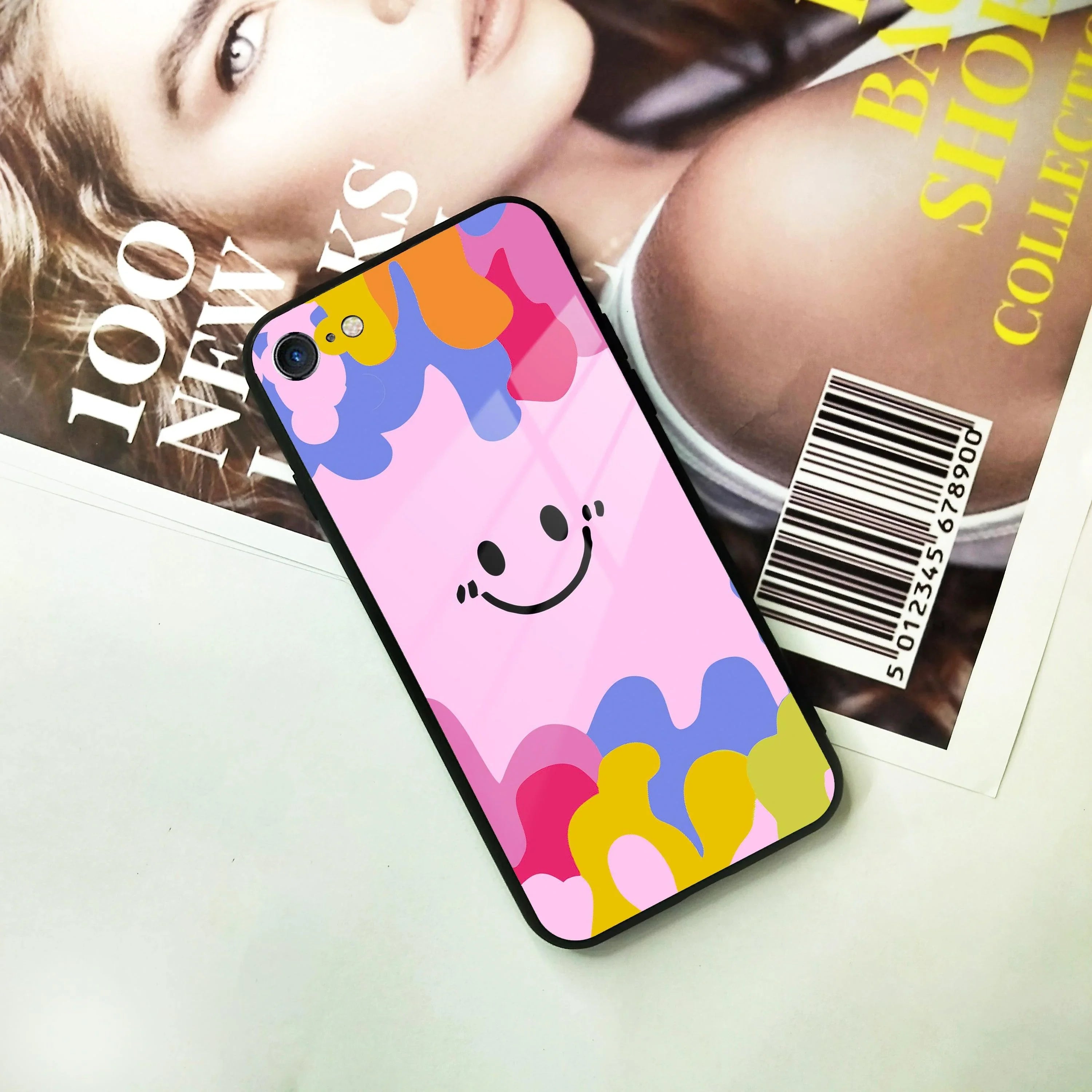 Cute Pink Smiley Multicolor Glass Case For iPhone - ShopOnCliQ