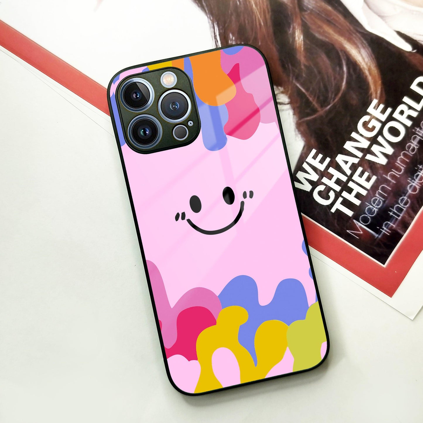 Cute Pink Smiley Multicolor Glass Case For iPhone