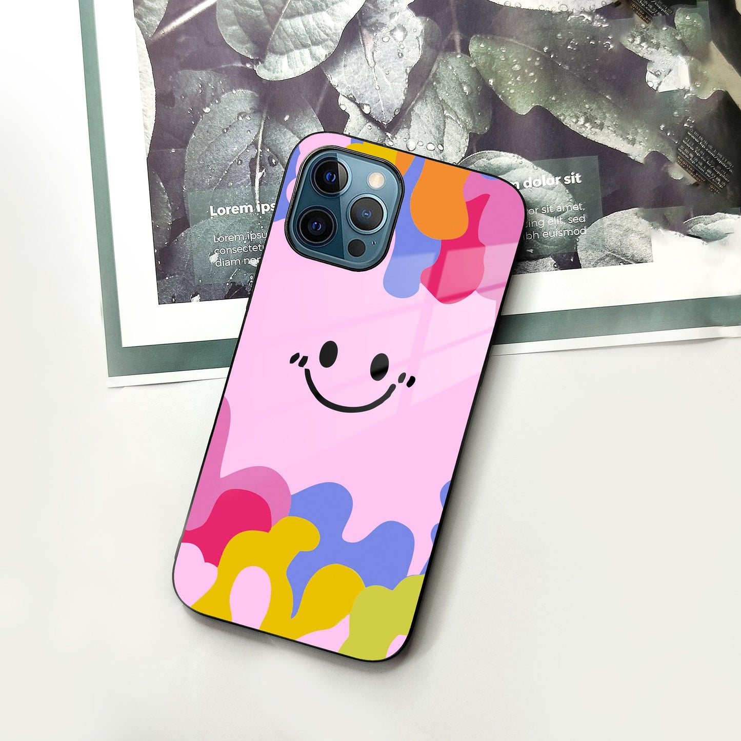 Cute Pink Smiley Multicolor Glass Case For iPhone