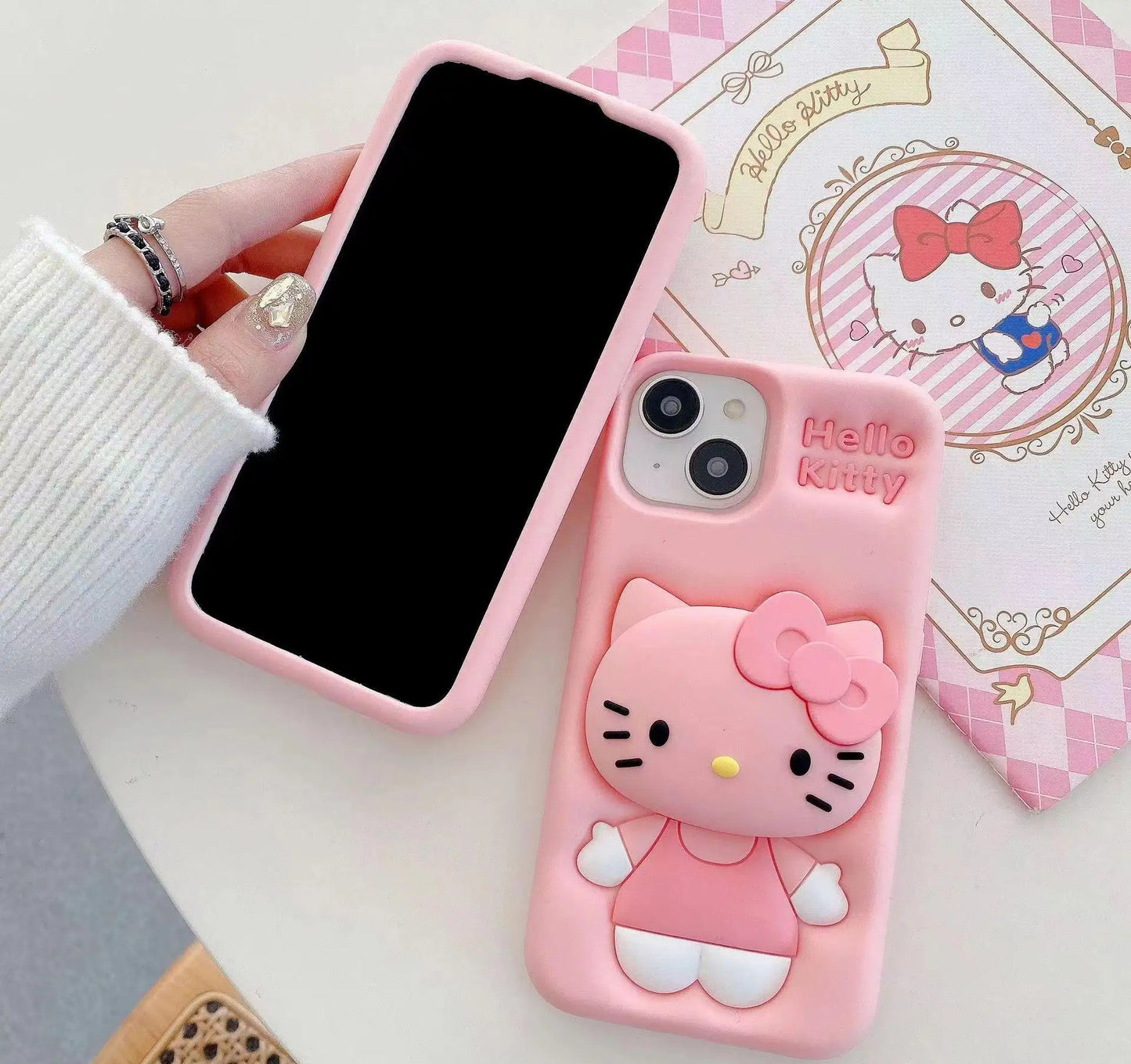 Cute cartoon Kity with 3D cat Silicon Designer iPhone Case With Inbuilt Holder - ShopOnCliQ