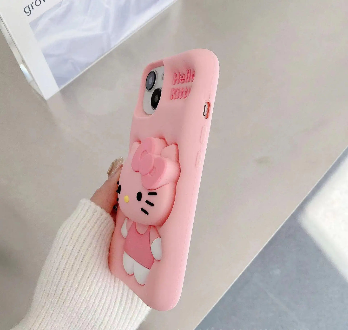 Cute cartoon Kity with 3D cat Silicon Designer iPhone Case With Inbuilt Holder - ShopOnCliQ