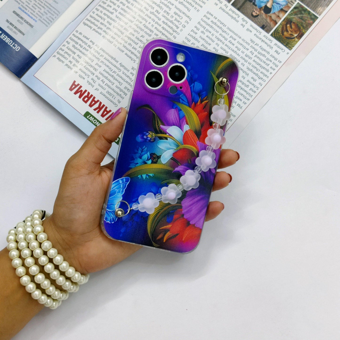 Cute flowers Phone Case With Hand Chain iPhone(MagentaFlower) - ShopOnCliQ