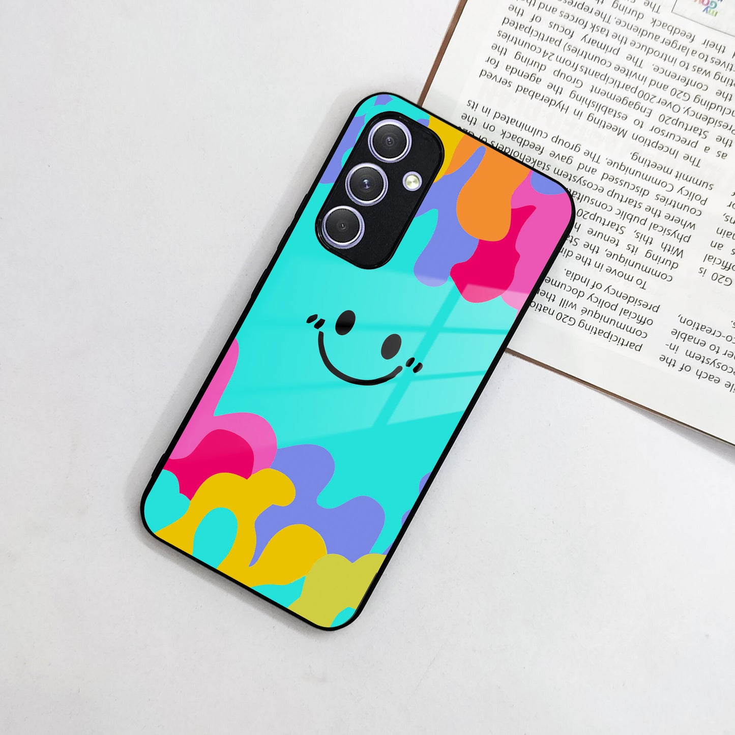Cute Blue Smiley Multicolor Glass Case For Samsung