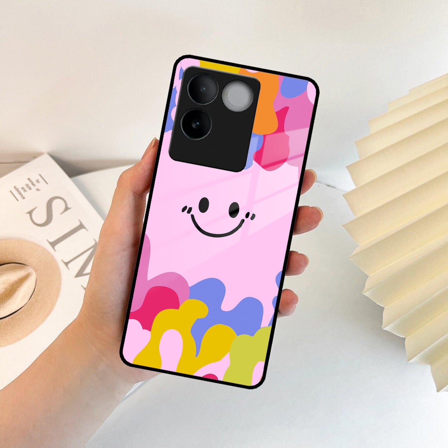 Cute Pink Smiley Multicolor Glass Case For iQOO