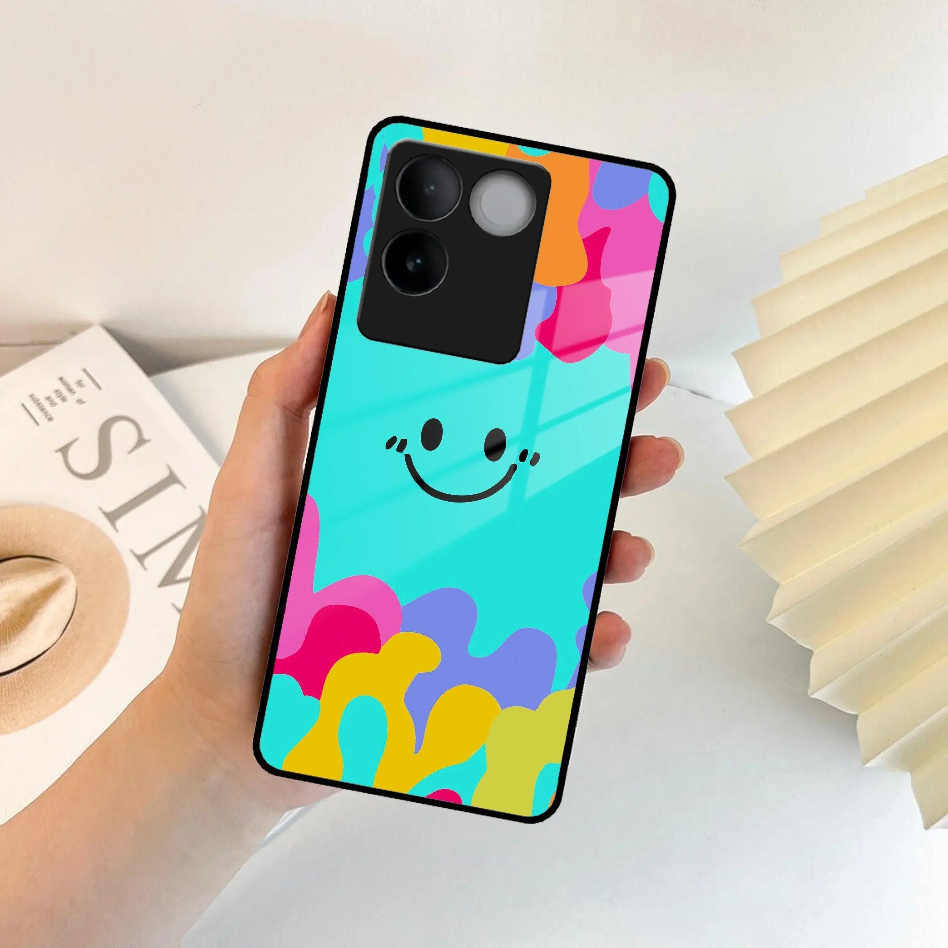 Cute Blue Smiley Multicolor Glass Case For Vivo - ShopOnCliQ