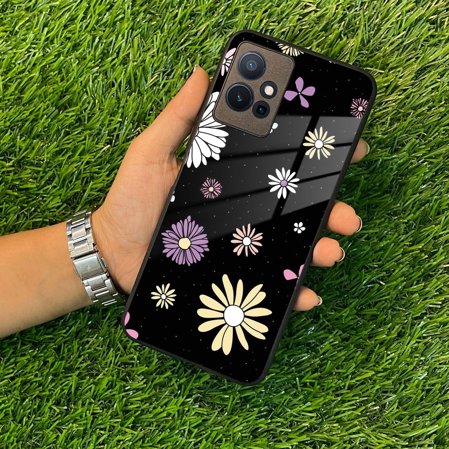 Seamless Floral Print Glass Case Cover For Vivo