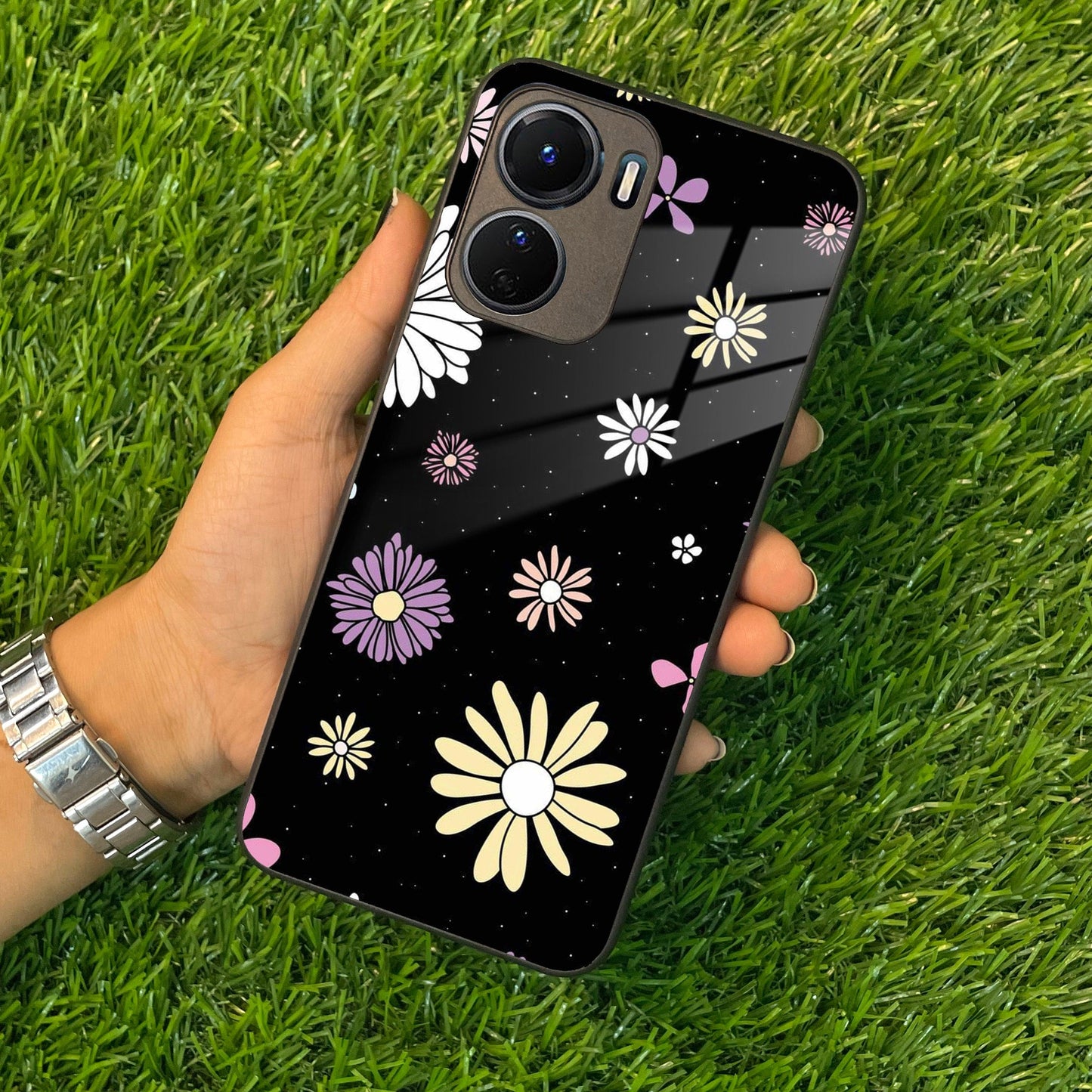 Seamless Floral Print Glass Case Cover For Vivo