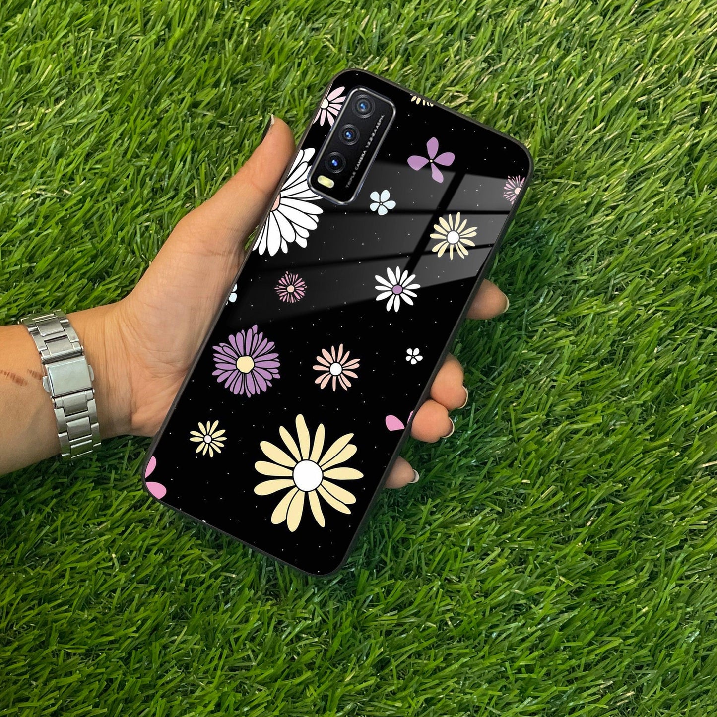 Seamless Floral Print Glass Case Cover For Vivo