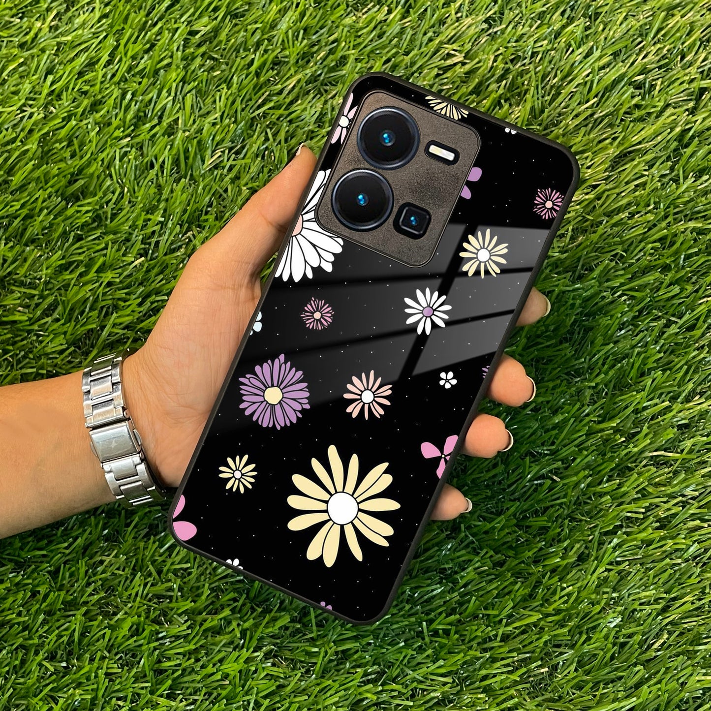 Seamless Floral Print Glass Case Cover For Vivo
