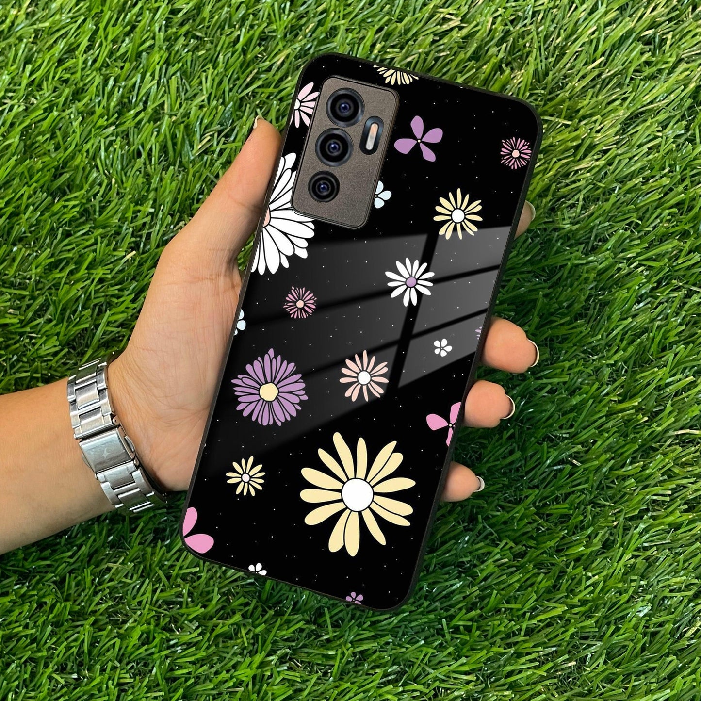 Seamless Floral Print Glass Case Cover For Vivo