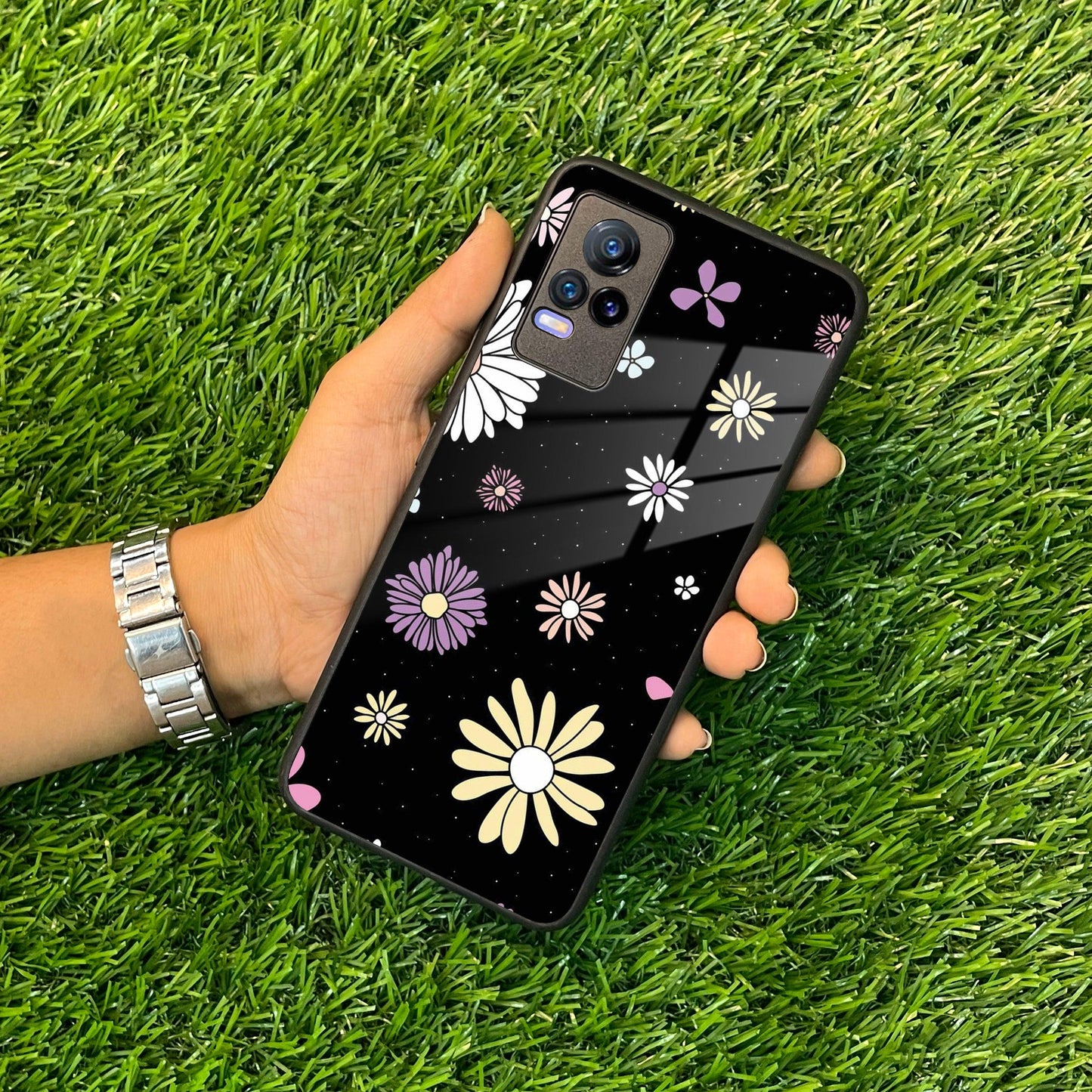 Seamless Floral Print Glass Case Cover For Vivo