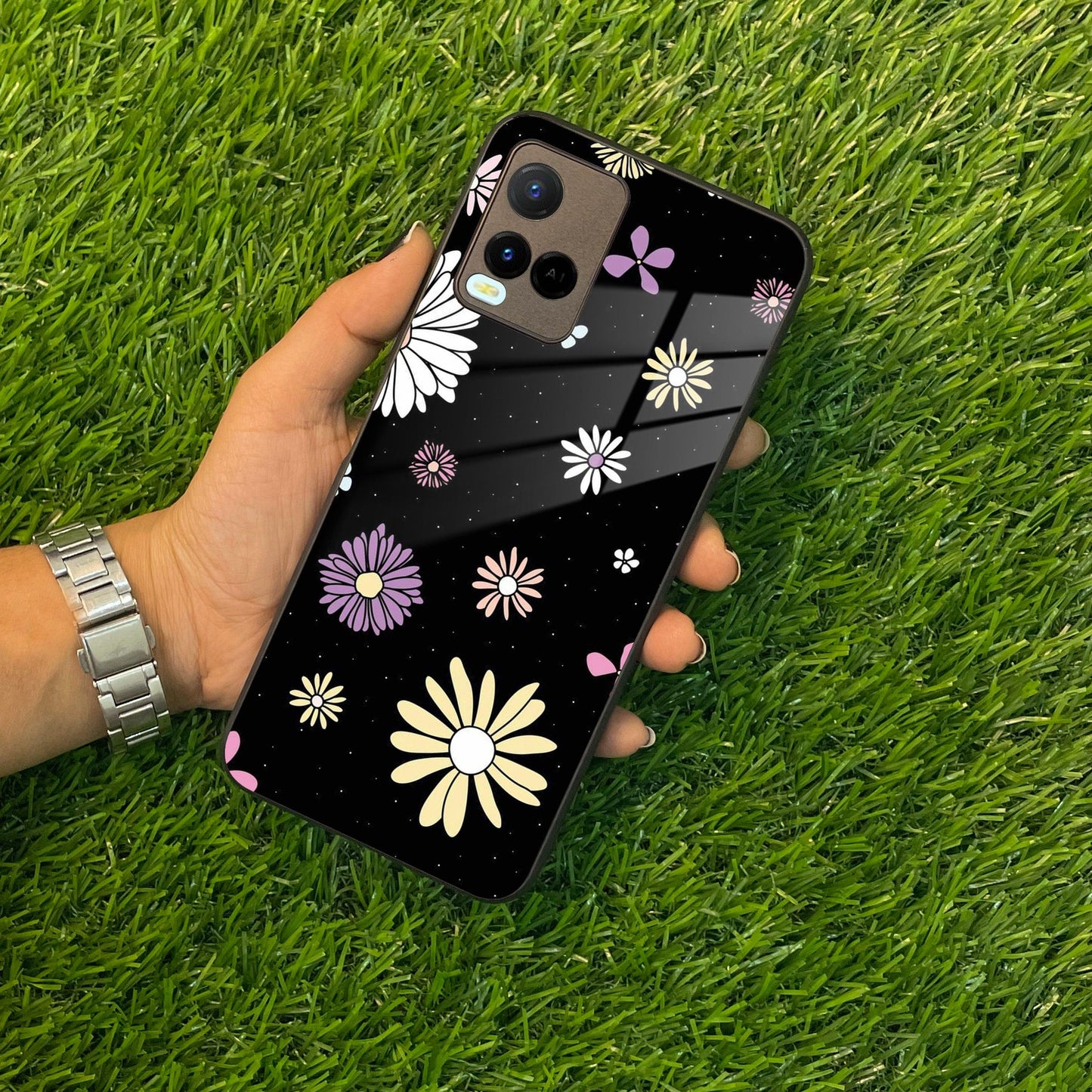 Seamless Floral Print Glass Case Cover For Vivo