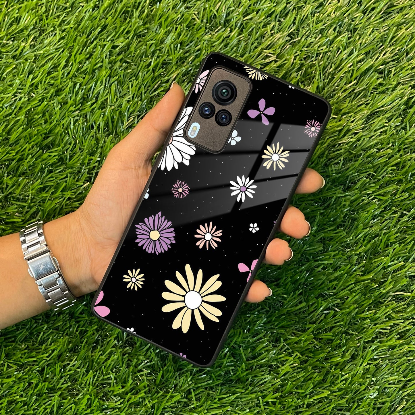 Seamless Floral Print Glass Case Cover For Vivo