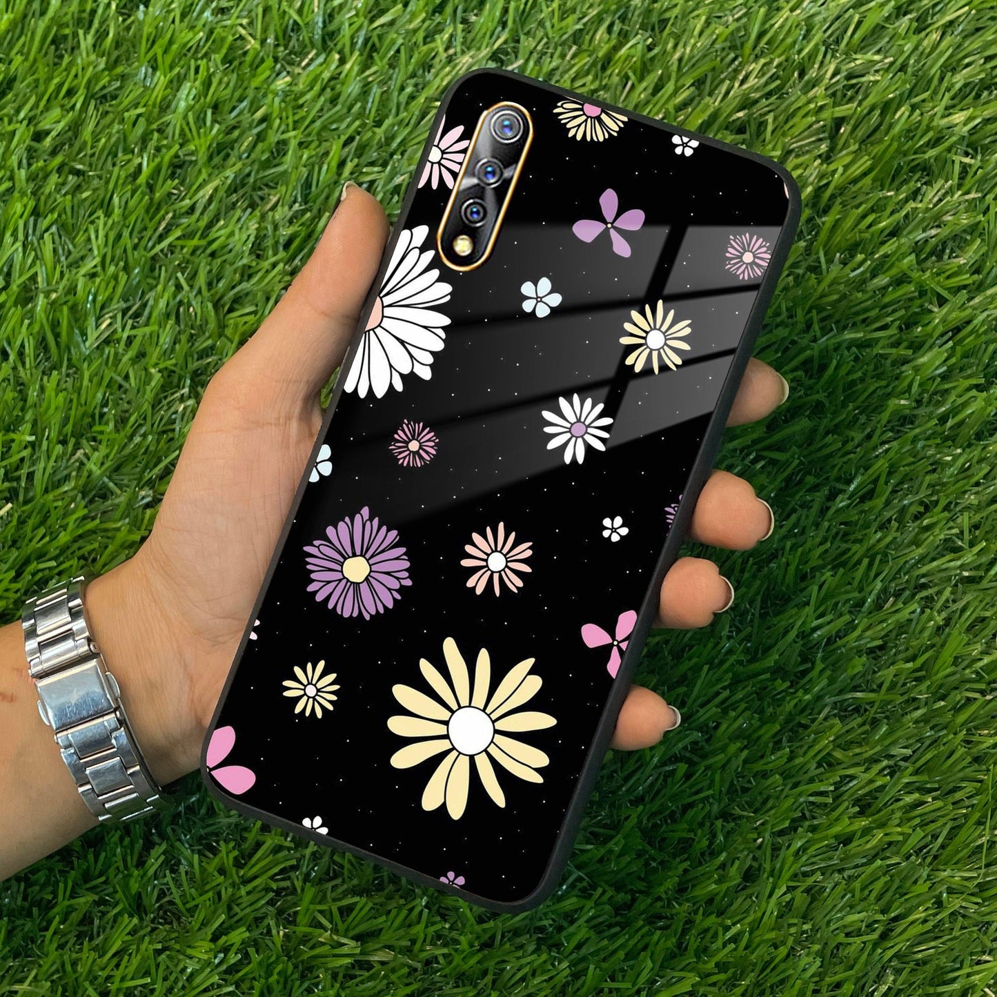 Seamless Floral Print Glass Case Cover For Vivo