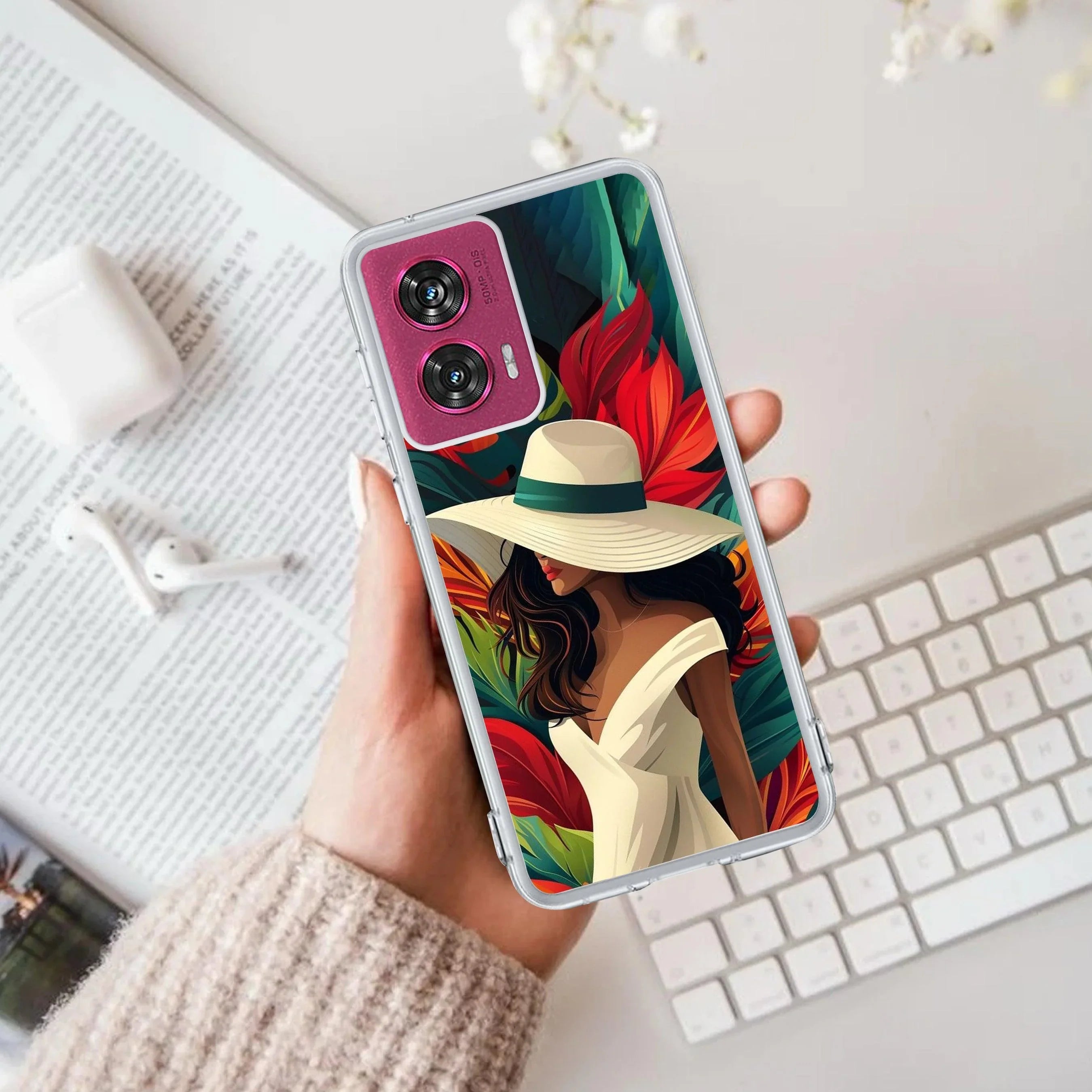 Fashionable Girl Hat Style Tropical Elegance Anti Yellow Case For Motorola G85 5G