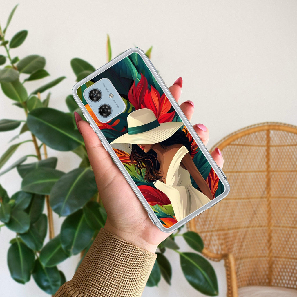 Fashionable Girl Hat Style Tropical Elegance Transparent Silicone Case For Motorola G85 5G