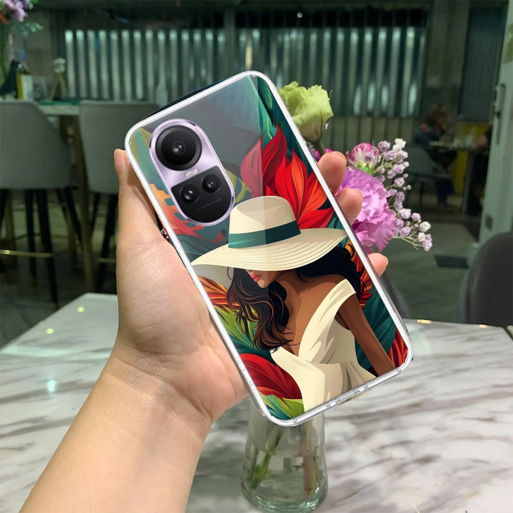 Fashionable Girl Hat Style Tropical Elegance Transparent Silicone Case For Oppo Reno 8T 5G