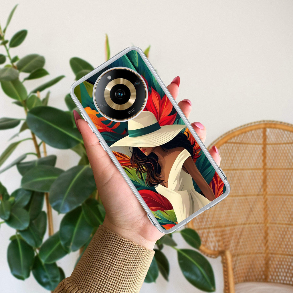 Fashionable Girl Hat Style Tropical Elegance Transparent Silicone Case For Realme 11 Pro+ 5G