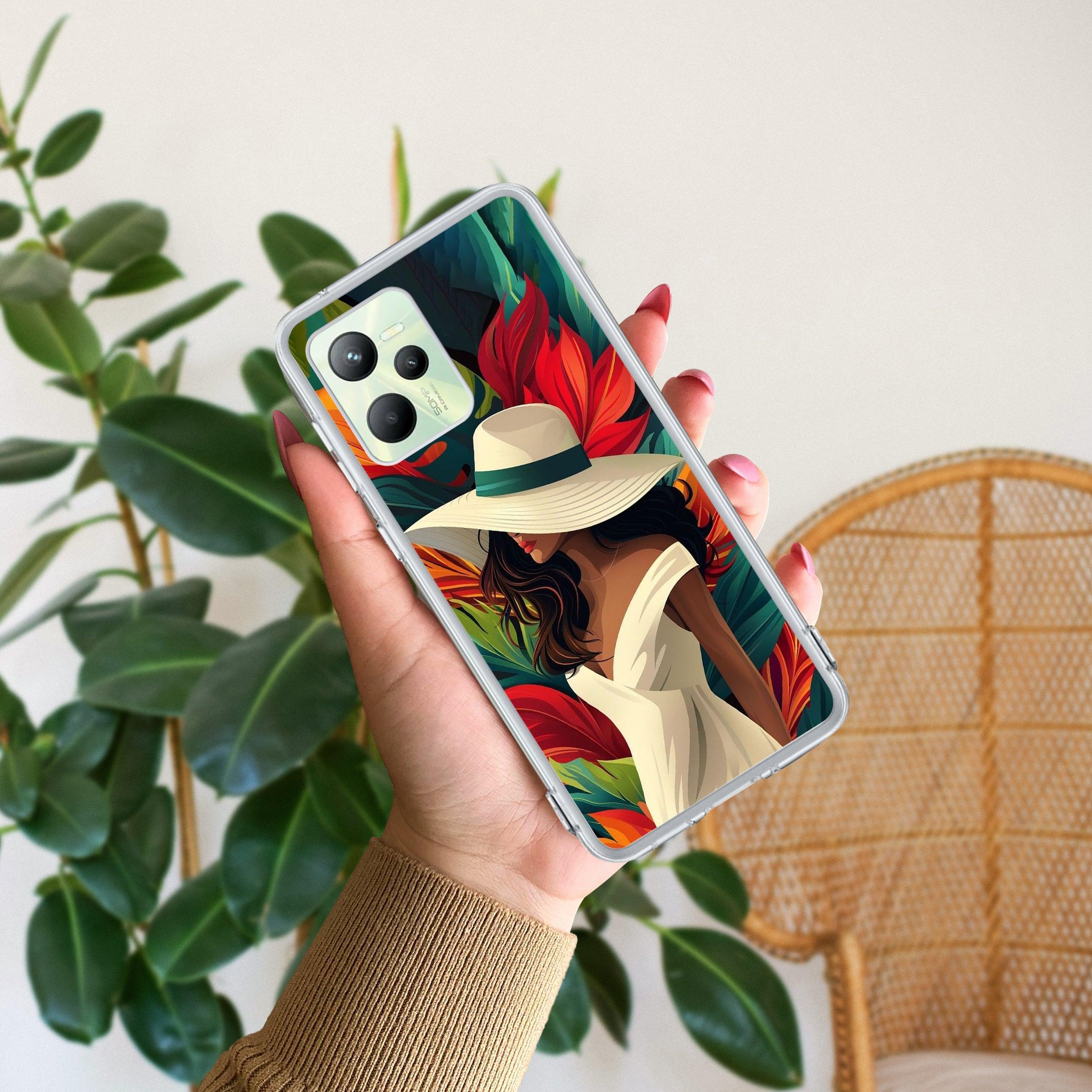 Fashionable Girl Hat Style Tropical Elegance Transparent Silicone Case For Realme C35 / Realme Narzo 50A Prime
