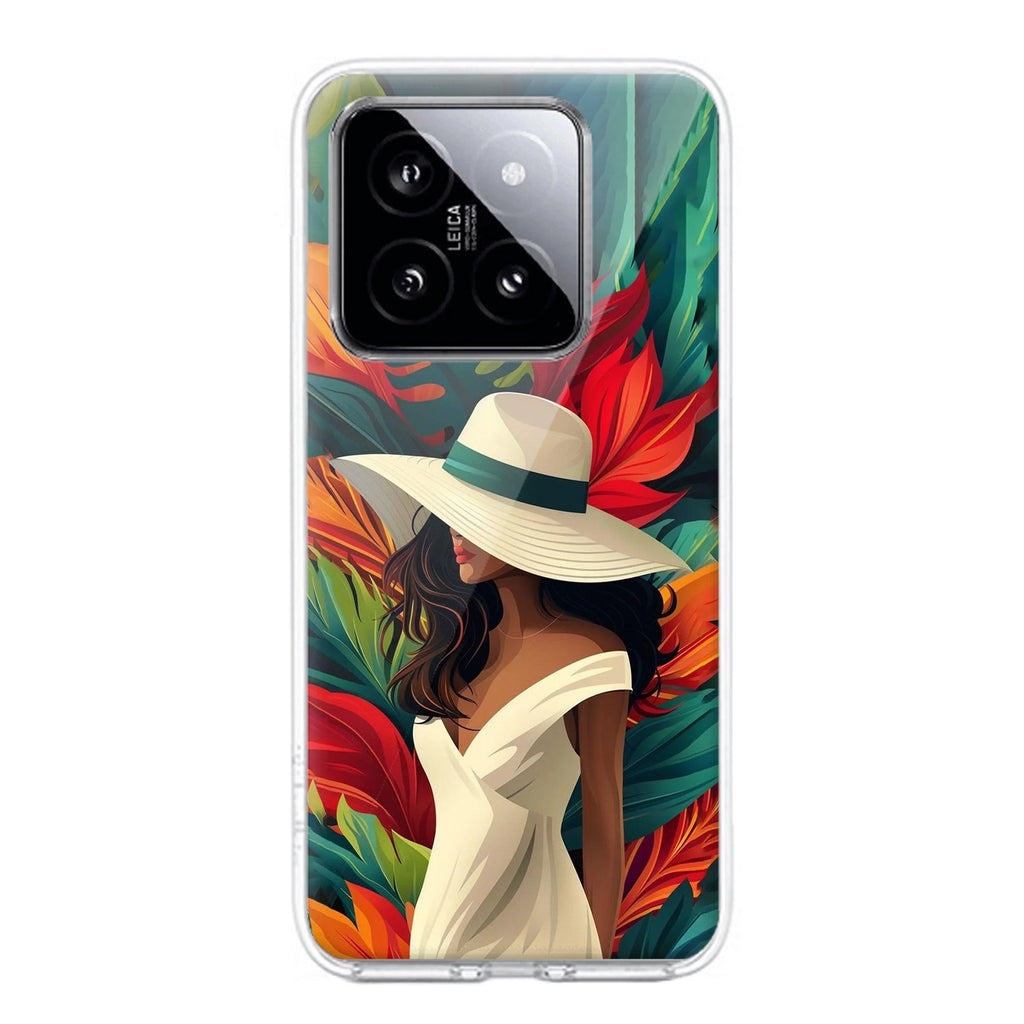 Fashionable Girl Hat Style Tropical Elegance Transparent Silicone Case For Xiaomi 14 5G