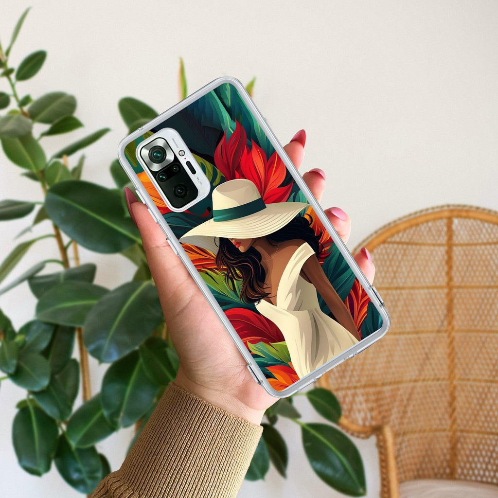 Fashionable Girl Hat Style Tropical Elegance Transparent Silicone Case For Redmi Note 14 Pro Plus 5G