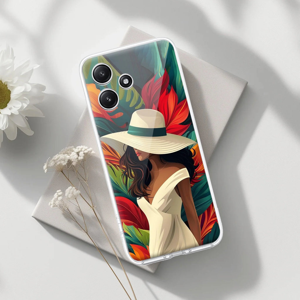Fashionable Girl Hat Style Tropical Elegance Transparent Silicone Case For Redmi 12 5G
