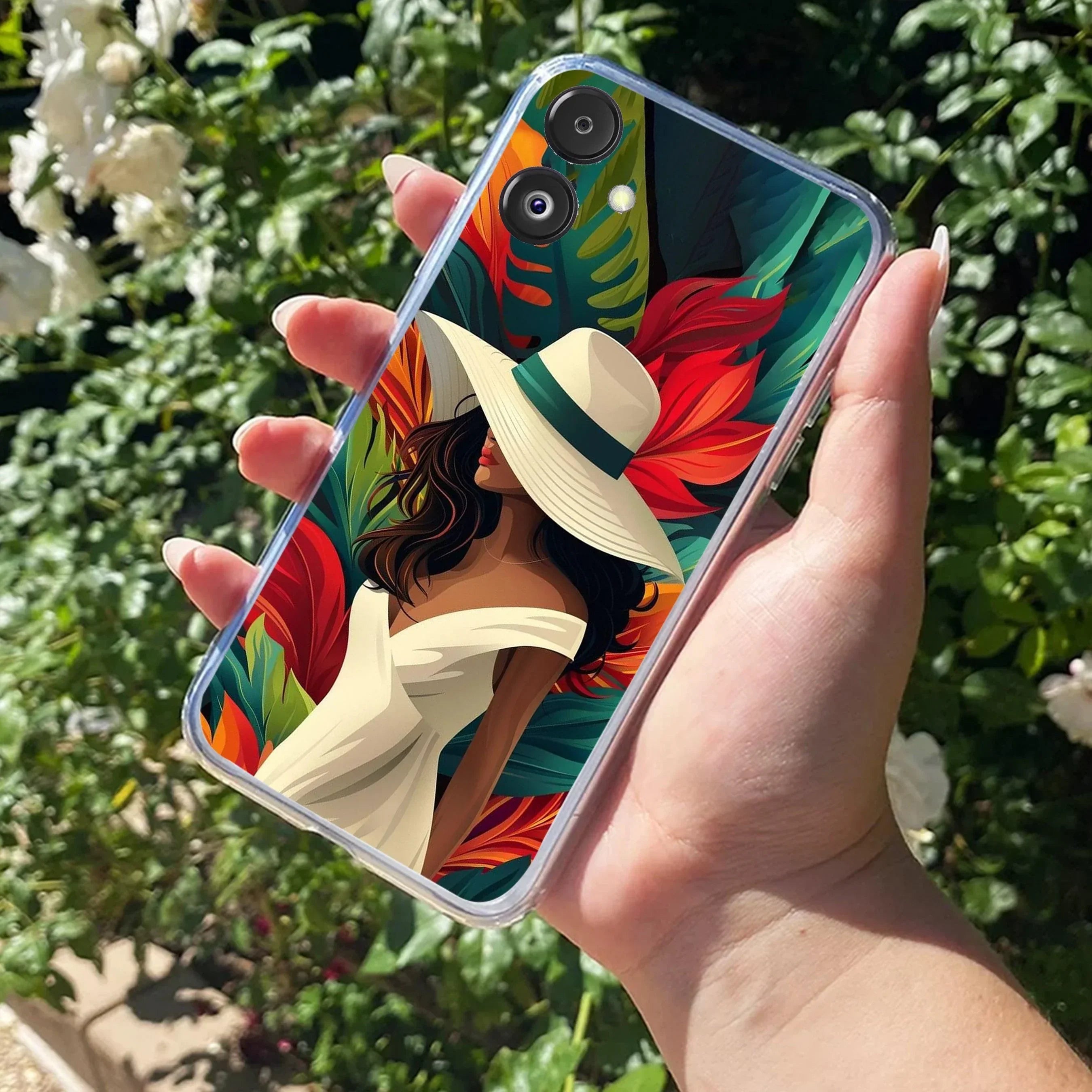 Fashionable Girl Hat Style Tropical Elegance Transparent Silicone Case For Samsung Galaxy F14 5G
