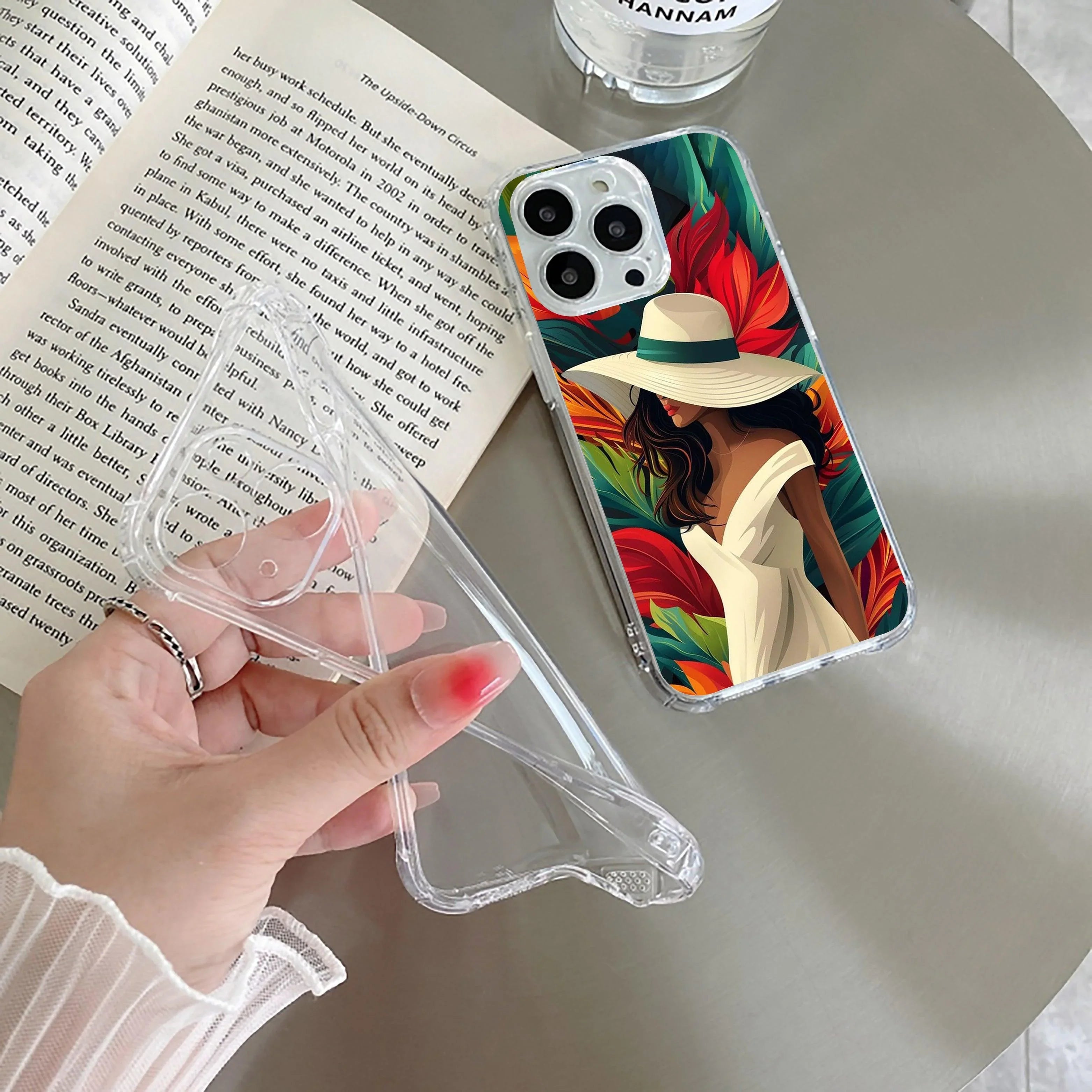 Fashionable Girl Hat Style Tropical Elegance Transparent Silicone Case For iPhone 15 Plus