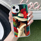 Fashionable Girl Hat Style Tropical Elegance Transparent Silicone Case For iPhone 15
