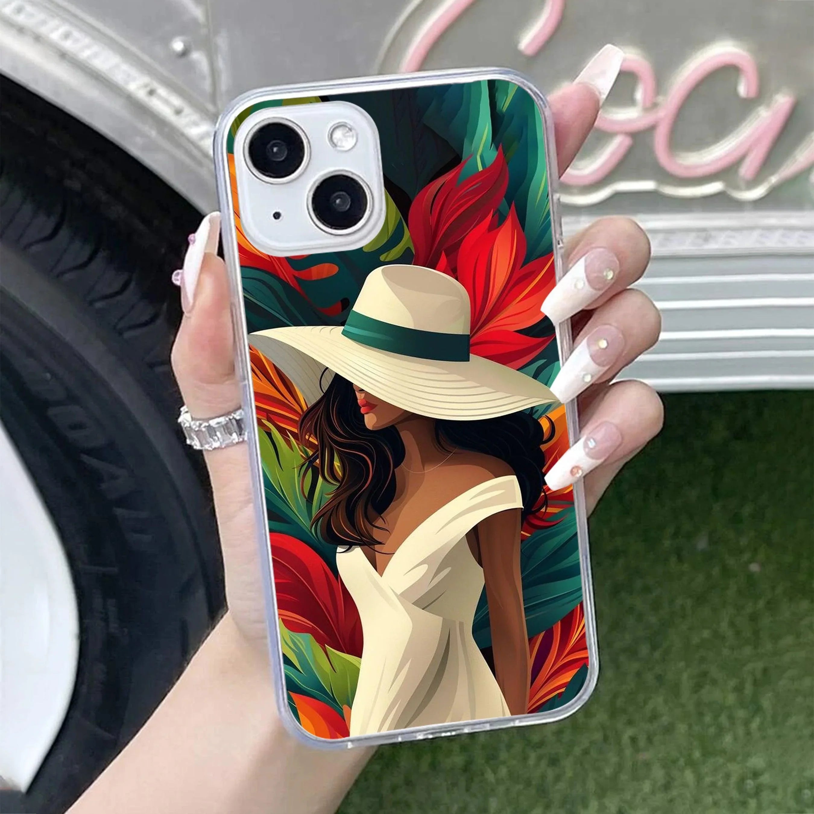 Fashionable Girl Hat Style Tropical Elegance Transparent Silicone Case For iPhone 15