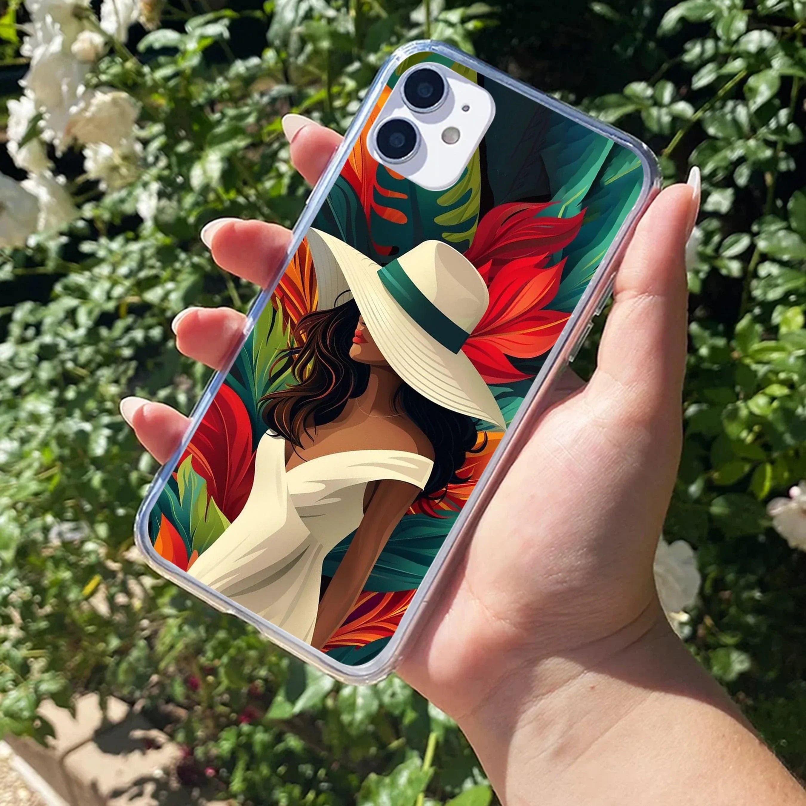 Fashionable Girl Hat Style Tropical Elegance Transparent Silicone Case for iPhone