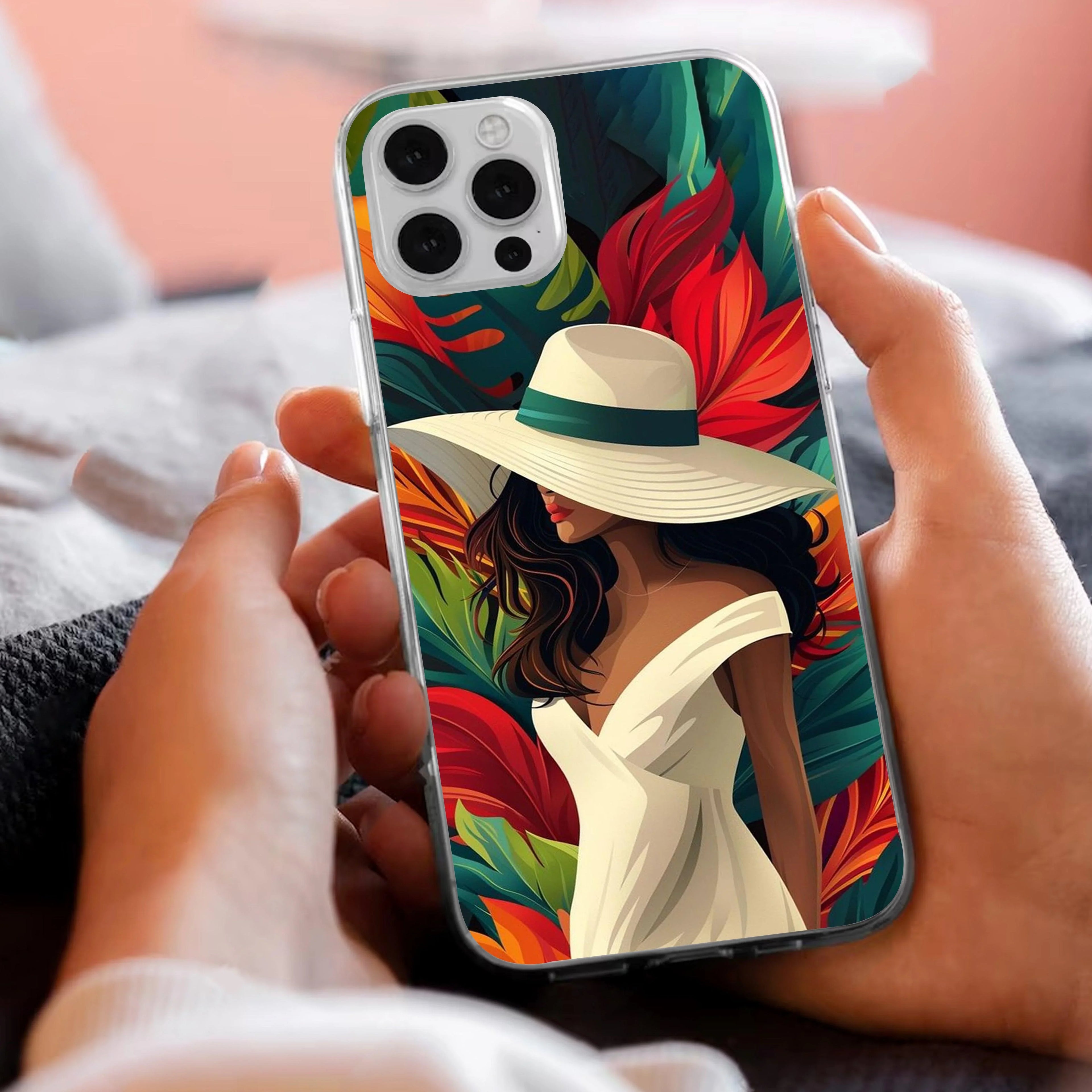 Fashionable Girl Hat Style Tropical Elegance Anti Yellow Case For iPhone 14 Pro Max