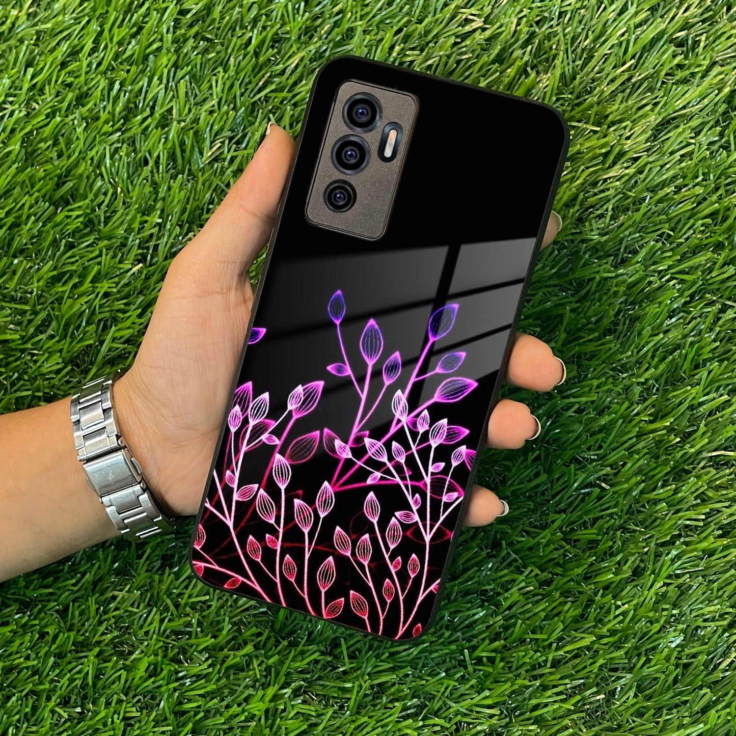 Multicolor Flower Print Glass Case Cover For Vivo