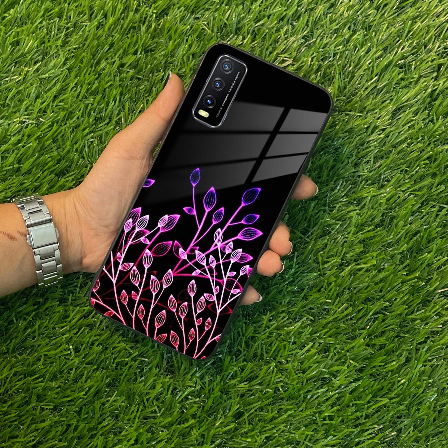 Multicolor Flower Print Glass Case Cover For Vivo