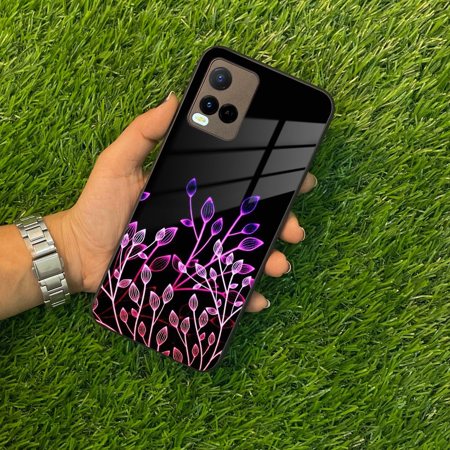 Multicolor Flower Print Glass Case Cover For Vivo