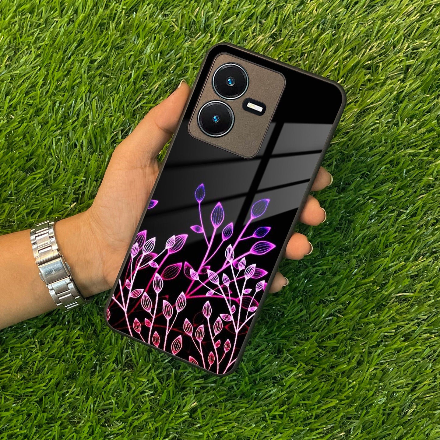 Multicolor Flower Print Glass Case Cover For Vivo