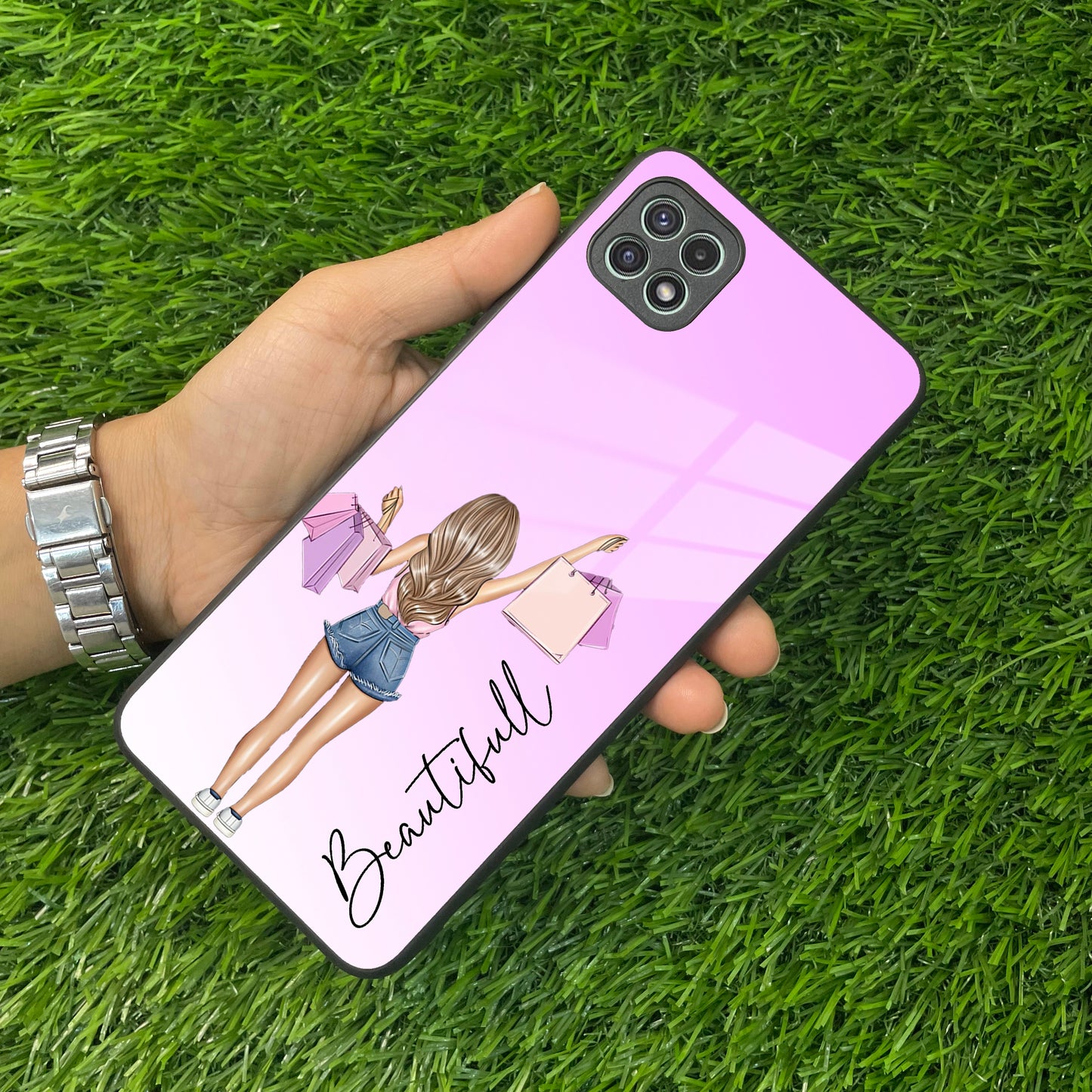 Girl With Bag Customize Name Glass Case For Samsung