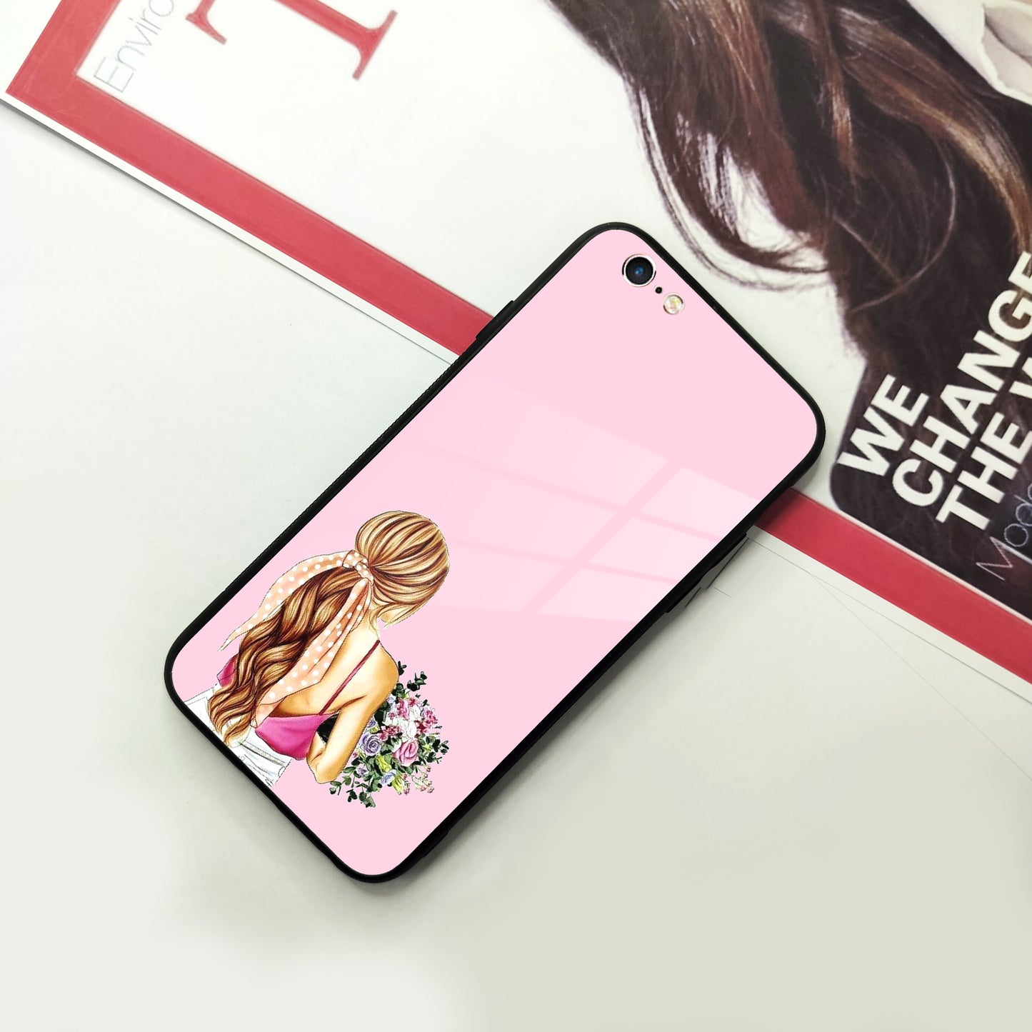 Styles Girl With Flower Glass Case For iPhone