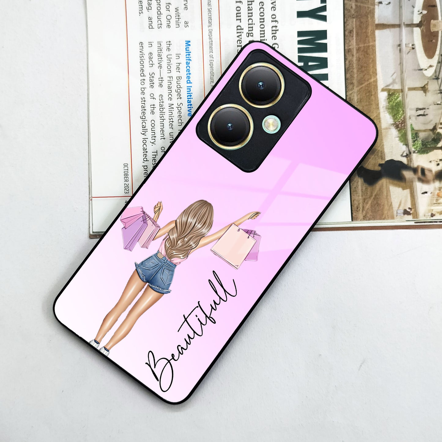 Girl With Bag Customize Name Glass Case For Vivo