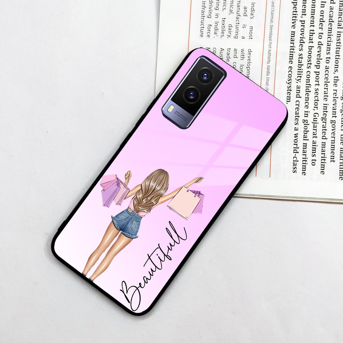 Girl With Bag Customize Name Glass Case For Vivo