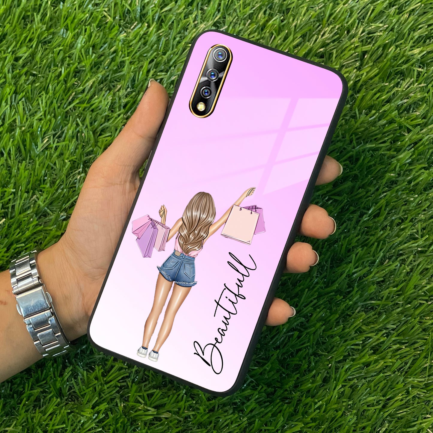 Girl With Bag Customize Name Glass Case For Vivo