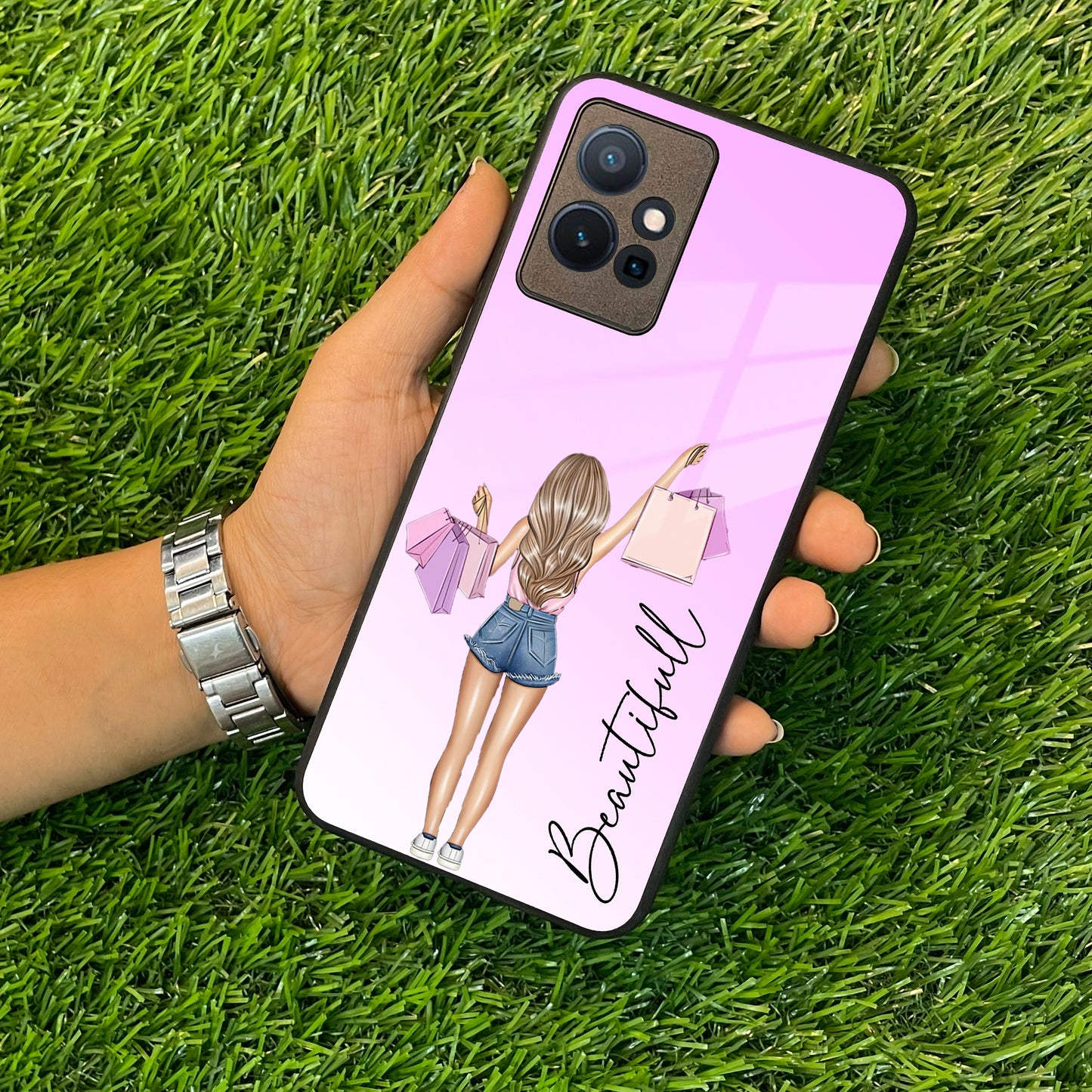 Girl With Bag Customize Name Glass Case For Vivo